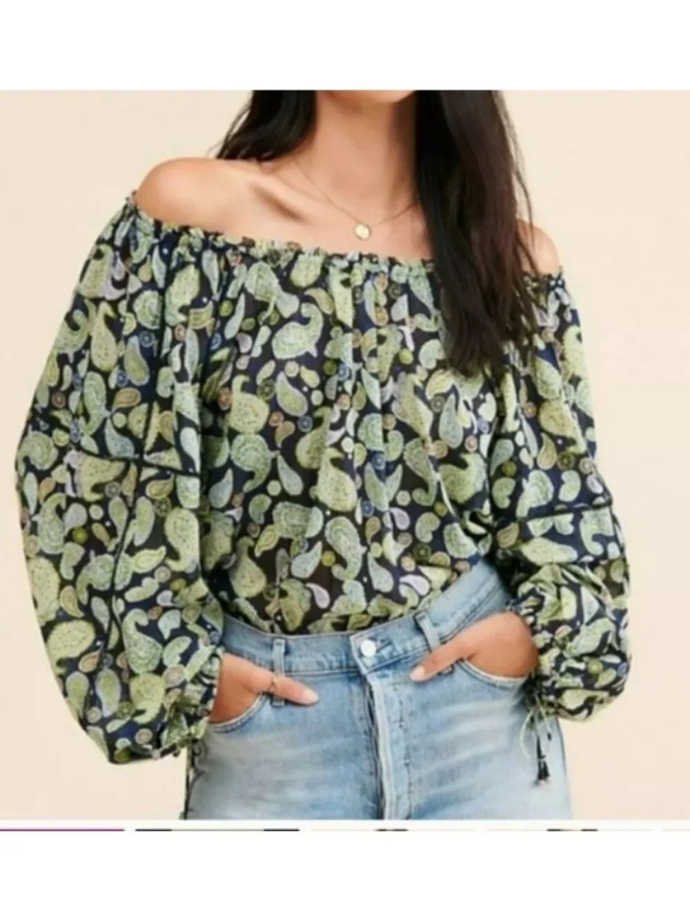 Free People Paisley Print Bodysuit Long Sleeves & Drawstring Cuffs XL Navy Green - Picture 13 of 13
